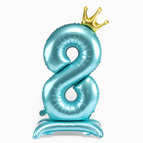 Шар фольгированный 42" «Цифра 8 с короной» на подставке, цвет голубой