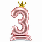 Шар фольгированный 42" «Цифра 3 с короной» на подставке, цвет розовый - фото 9128635