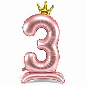 Шар фольгированный 42" «Цифра 3 с короной» на подставке, цвет розовый