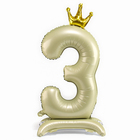 Шар фольгированный 42" «Цифра 3 с короной» на подставке, цвет взбитые сливки - Фото 1