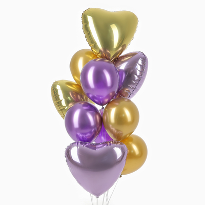 Воздушные шары, набор «Сиреневые и жёлтые сердца», фольгированные, латекс, 10 шт.