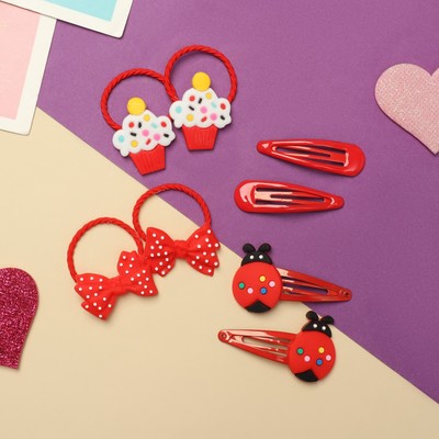 Набор для волос Выбражулька «Ванилька», 4 резинки, 4 заколки, божьи коровки, красный