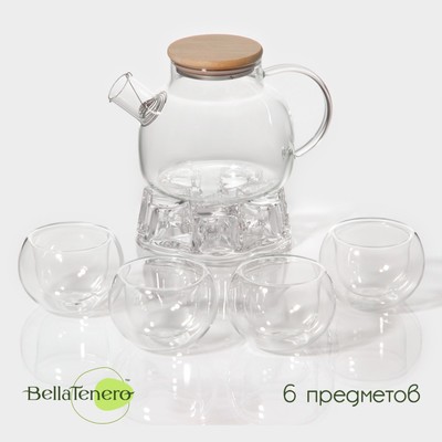 Чайный набор Bella Tenero «Эко», 6 предметов: чайник 900 мл, подставка, 4 пиалы 130 мл, стекло, прозрачный