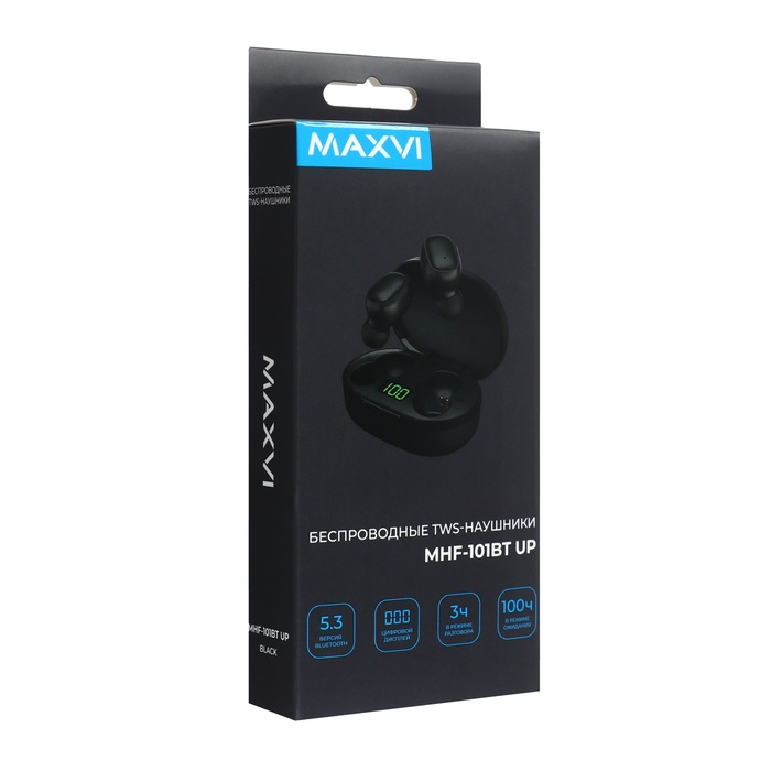 Наушники беспроводные Maxvi MHF-101BT UP, TWS, вакуумные, микрофон, BT 5.3, 200 мАч, черные - фото 51575612