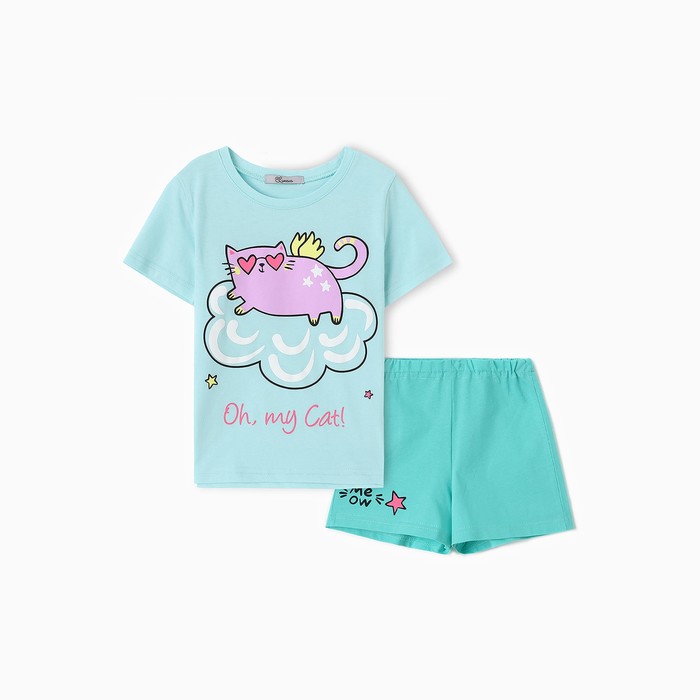 Пижама для девочки (футболка/шорты), цвет мятный, рост 98 см - Фото 1