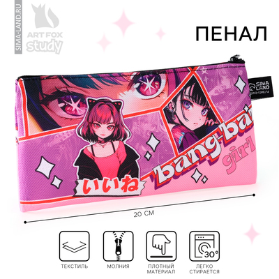 Пенал школьный, текстиль, плоский, 20×8 см, Girl аниме