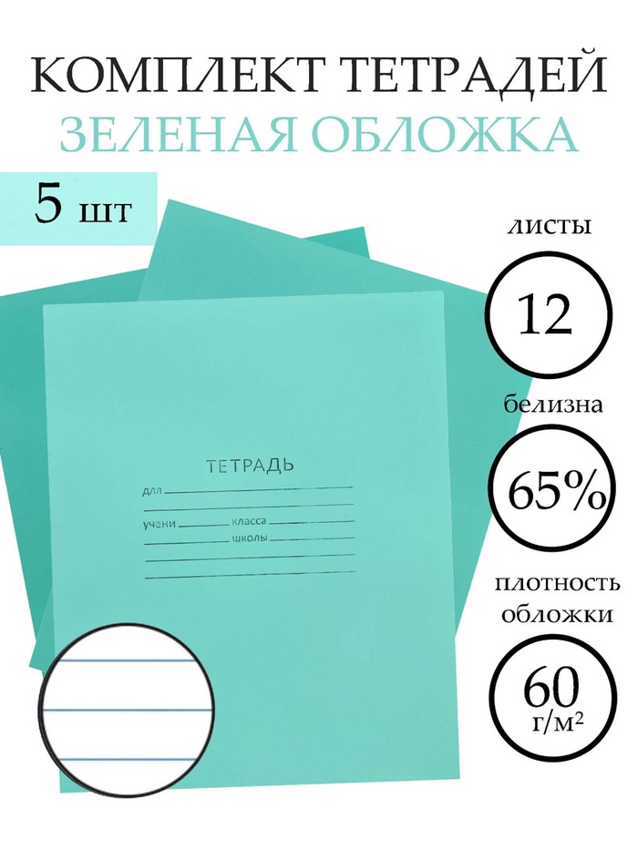 Набор тетрадей «Зелёная обложка» 5 штук, 12 листов в линейку, эконом, плотность 60 г/м² - Фото 1