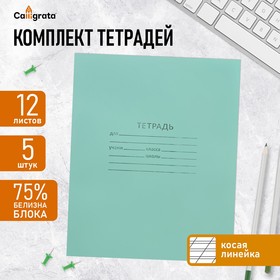 Комплект тетрадей из 5 штук, 12 листов в косую линию КПК "Зелёная обложка", блок №2, белизна 75% (серые листы) 10514005