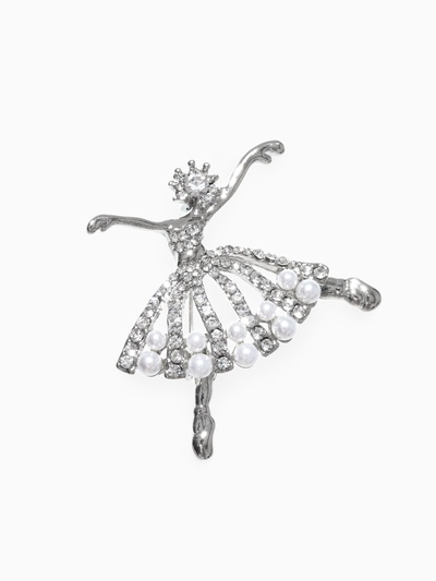 Брошь «Балерина» с бусинками, цвет белый в серебре