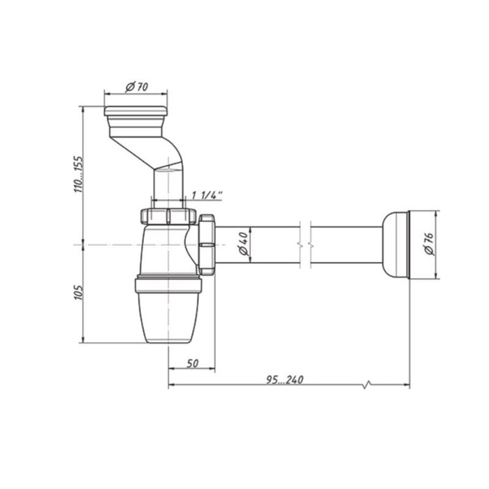 Сифон для писсуара ORIO РВ-31009, 1 1/4" х 40 мм, с манжетой d=40/46 мм, с трубой 40х40 мм