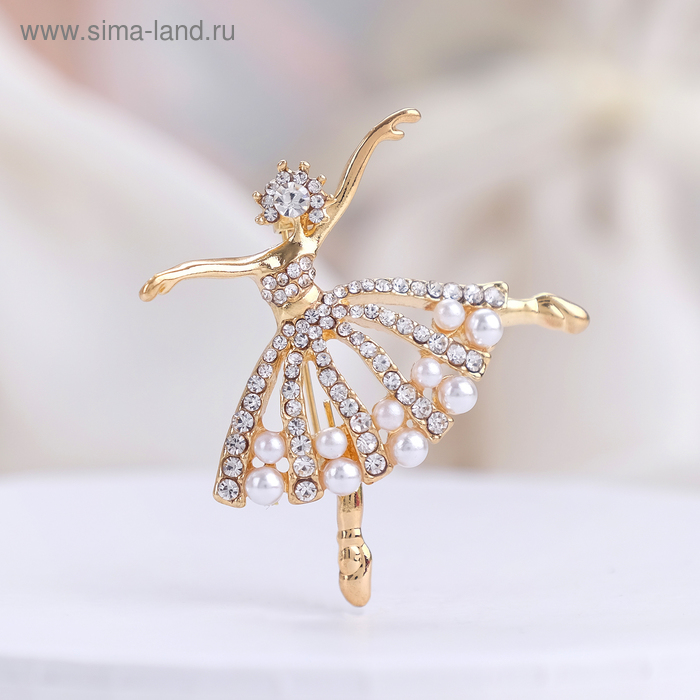 Брошь «Балерина» с бусинками, цвет белый в золоте - Фото 1