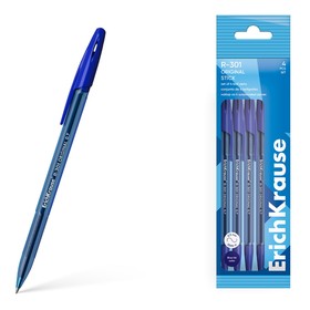 Набор ручек шариковых 4 штуки ErichKrause R-301 Stick Original узел 1.0мм, цвет синий