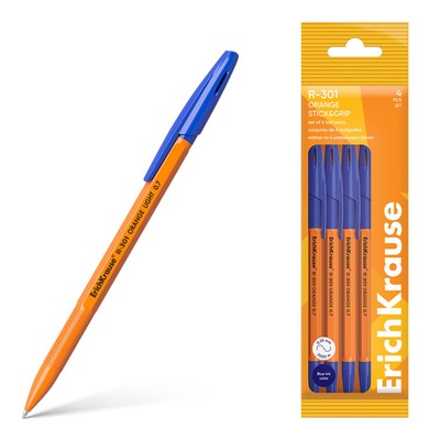 Набор ручек шариковых 4 штуки ErichKrause R-301 Stick&Grip Orange узел 0.7мм, цвет синий