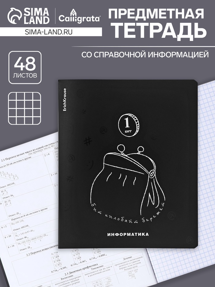 Тетрадь предметная ИНФОРМАТИКА, 48 листов в клетку, ErichKrause "Зри в корень", пластиковая обложка, шелкография, блок офсет 100% белизна, инфо-блок