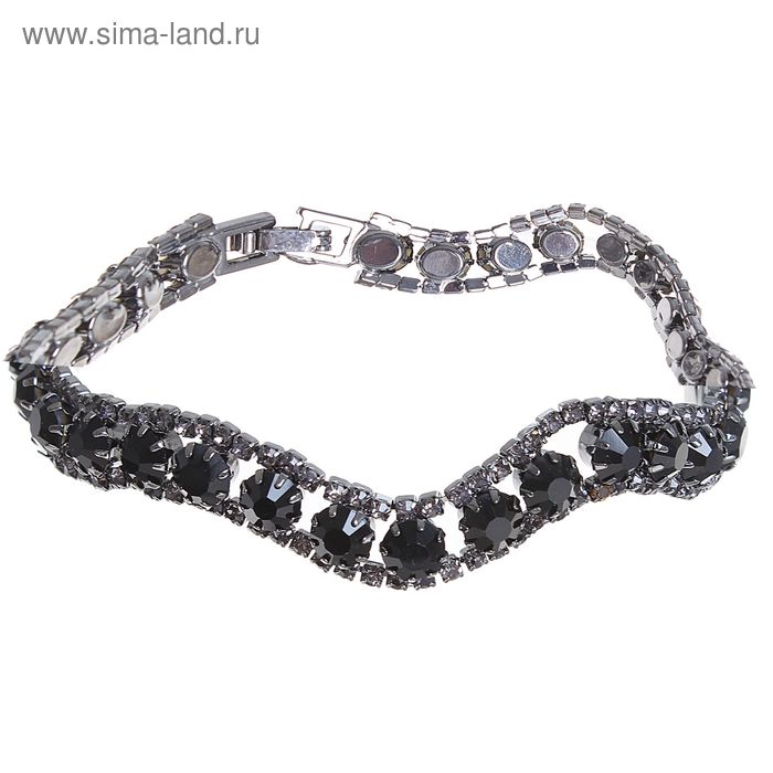 Браслет со стразами «Змейка», цвет чёрный в чернёном серебре - Фото 1