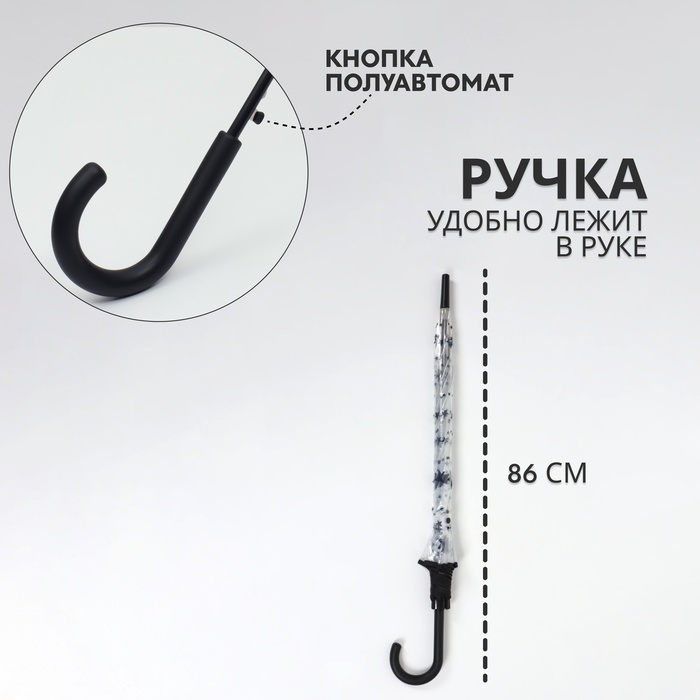 Зонт - трость полуавтоматический «Узор», 8 спиц, R = 54 см, цвет прозрачный/синий