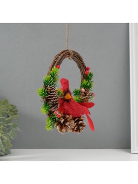 Фигурка подвеска «Красная птичка на венке с шишками», 7.5×20×20.5 см
