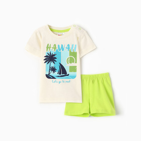 Комплект для мальчика (футболка/шорты), цвет молочный/салатовый, рост 74 см