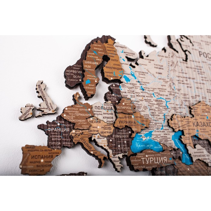 Карта мира деревянная МастерКарт «Борнео Браун - М», 200х130 см, многоуровневая