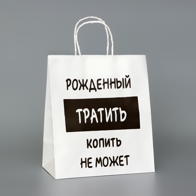 Пакет подарочный с приколами,«Рожденный тратить копить не может», белый, 24×14×28 см