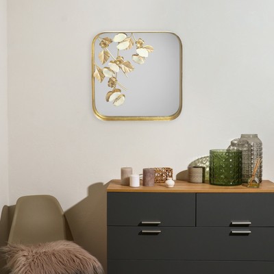 Декор настенный металл с зеркалом "Орхидеи в листьях" 55,2х55,2х8,3 см