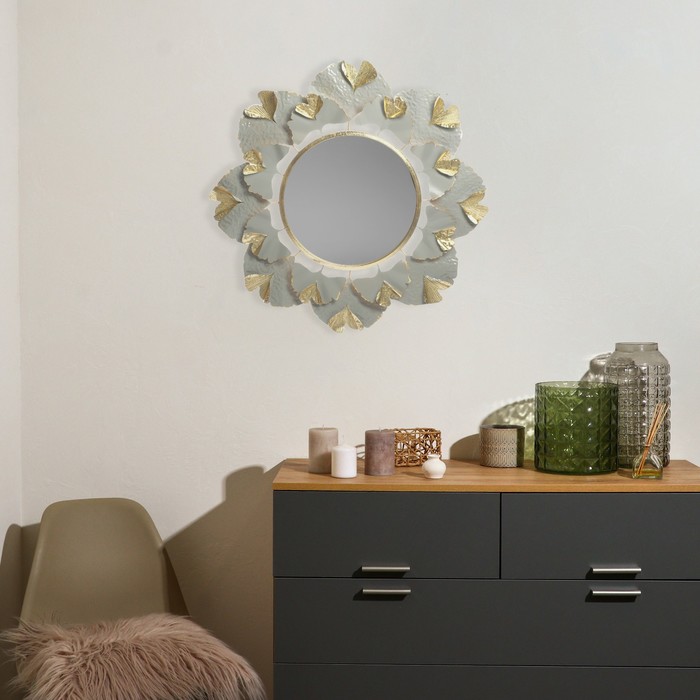 Декор настенный с зеркалом «Цветок из веерных листьев», панно металл, серо-золотой 98.4×98.4×6.4 см - Фото 1