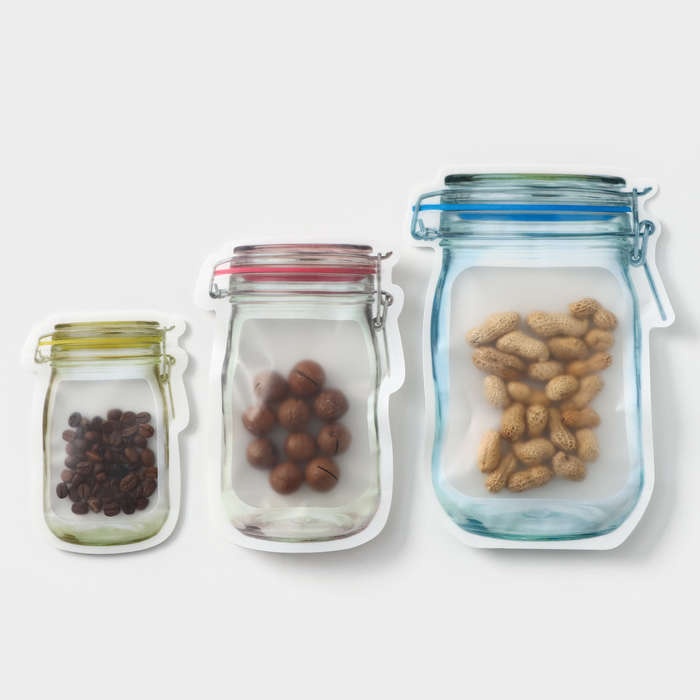 Набор пакетов для хранения сыпучих продуктов Komfi «Баночки», застёжка zip-lock, 3 шт., 150 мл, 500 мл, 900 мл - Фото 1