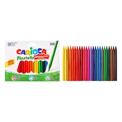 Мелки пластиковые 24 цвета, Carioca "Plastello", яркие цвета, экономичный расход, не пачкаются, круглые, в конверте