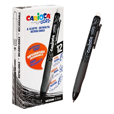 Ручка гелевая автоматическая стираемая, Carioca "OOPS Retractable " узел 0.7 мм, эргономичный держатель с двойным покрытием софт-тач, черная