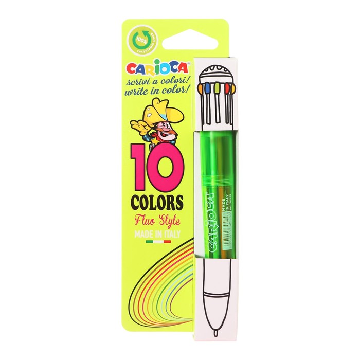 Ручка шариковая автоматическая, 10 цветов, "Carioca" "Fluo", узел 1.0 мм, флуоресцентная палитра, микс