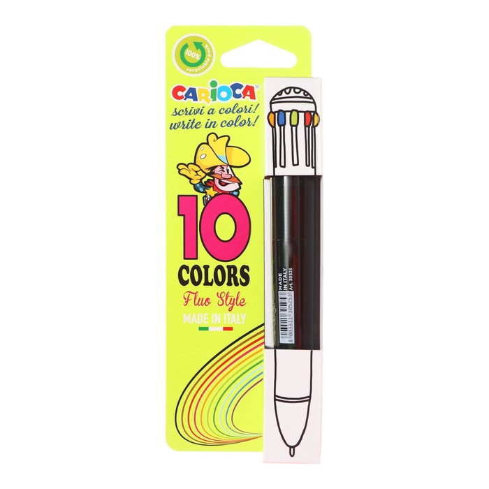 Ручка шариковая автоматическая, 10 цветов, "Carioca" "Fluo", узел 1.0 мм, флуоресцентная палитра, микс