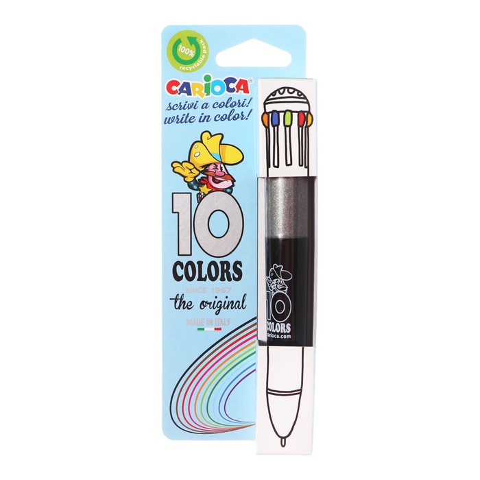 Ручка шариковая автоматическая, 10 цветов, "Carioca", узел 1.0 мм, стандартная палитра, микс