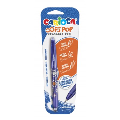 Ручка шариковая стираемая, Carioca "OOPS Retractable " узел 0.7 мм, эргономичный держатель с двойным покрытием софт-тач, синяя