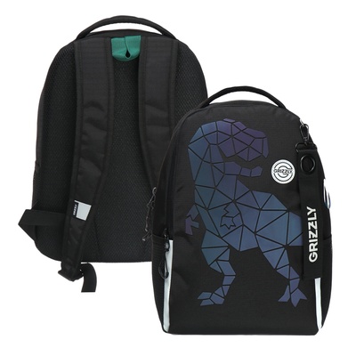 Рюкзак школьный, 38 х 29 х 16 см, Grizzly, эргономичная спинка, чёрный/зелёный