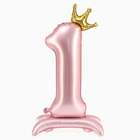 Шар фольгированный 42" «Цифра 1 с короной» на подставке, цвет розовый - фото 9152228