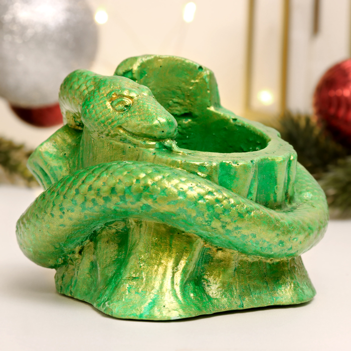 Кашпо "Змея на пеньке" зеленый с позолотой, 10х10см - Фото 1