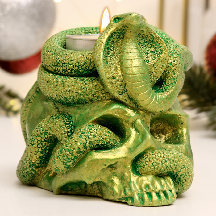 Подсвечник "Змея на черепе" зеленый с позолотой, 11х10х8см - Фото 1