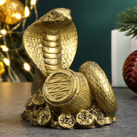 Фигура "Змея на деньгах с бочкой" старое золото, 6х6х5см
