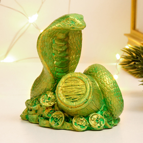Фигура "Змея на деньгах с бочкой" зеленый с позолотой, 6х6х5см