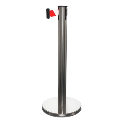 УЦЕНКА Стойка ограждения серебряная, с вытяжной лентой-180 см красная, белый, высота-90 см, d=6 см, напольный d=32 см