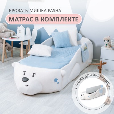 Кровать Romack Pasha «Мишка», с кармашком, с матрасом, велюр, цвет белый