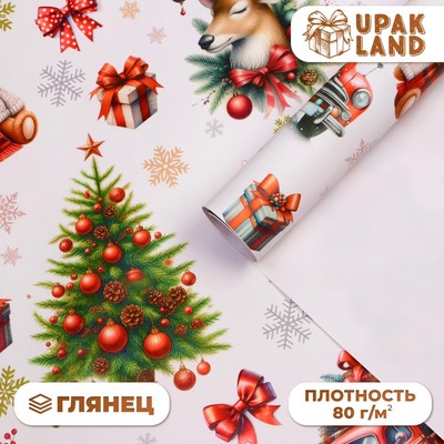 Бумага упаковочная новогодняя «Снеговик в шапке», глянец, 1 лист, 80 г/м², 70×100 см