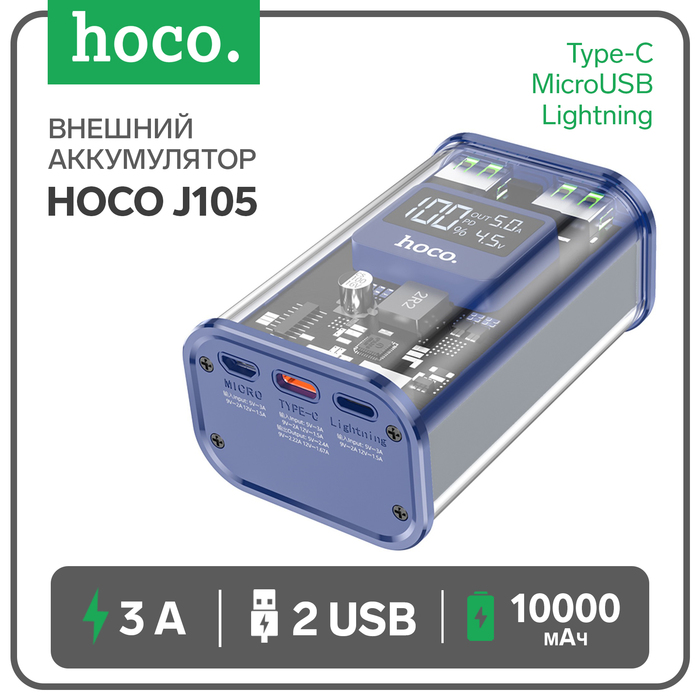 Внешний аккумулятор Hoco J105, 10000 мАч, 2 USB, 1 Type-C, 3 А, дисплей, синий - Фото 1