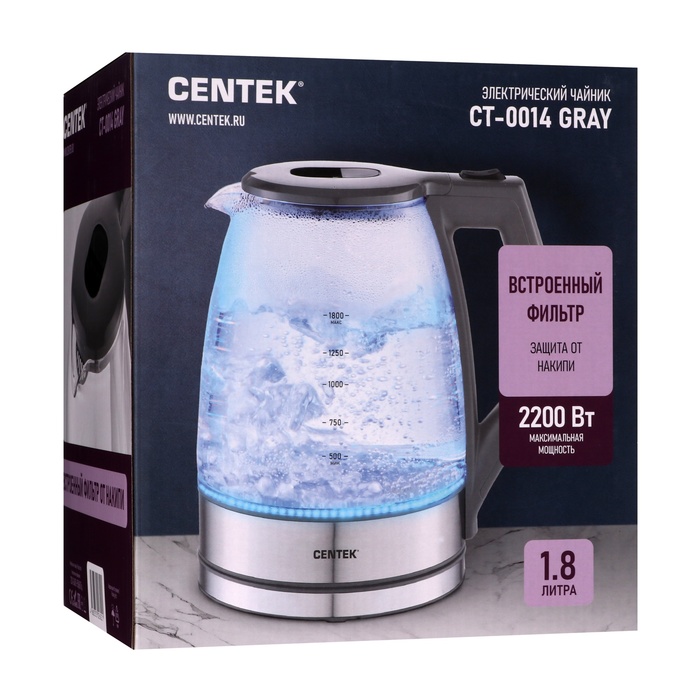 Чайник электрический Centek CT-0014, стекло, 1.8 л, 2200 Вт, серебристо-серый - фото 51584359