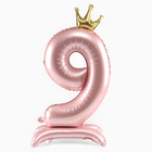 Шар фольгированный 42" «Цифра 9 с короной» на подставке, цвет розовый - фото 306185168