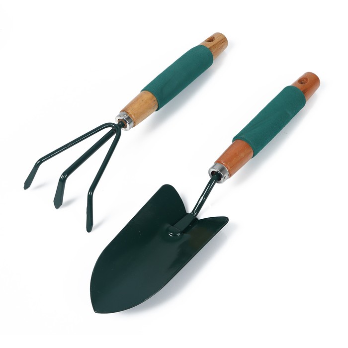 Набор садового инструмента, 2 предмета: совок, рыхлитель, длина 36 см, деревянные ручки с поролоном - Фото 1
