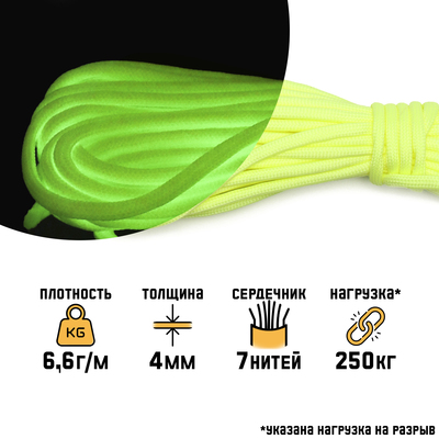 Паракорд "Мастер К." 550 светящийся в темноте, 4 мм, 10 м, жёлтый