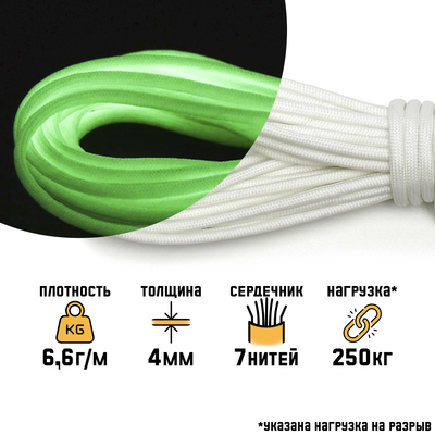 Паракорд "Мастер К." 550 светящийся в темноте, 4 мм, 10 м, белый