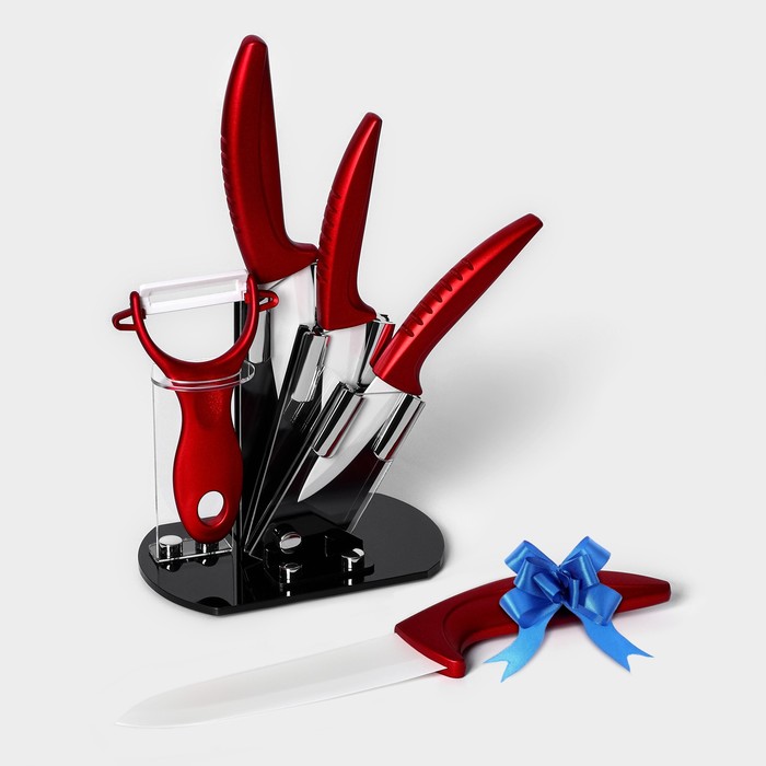 Набор кухонный на подставке «Изгиб», 4 предмета: 3 ножа, овощечистка, + нож в подарок, красный - Фото 1