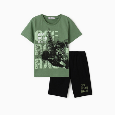 Комплект для мальчика (футболка/шорты), цвет тёмно-зелёный/черный, рост 104 см